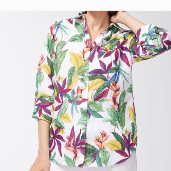 Chico's Linen Tropical Floral Print 3/4 Sleeve Blouse Size 12 - Picture 2 of 10